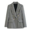 RNSHANGER Women's Breathable Double Breasted Notched Collar Houndstooth Blazer Coat Vintage Long Sleeve Flap Pockets