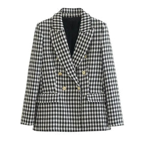 RNSHANGER Women's Breathable Double Breasted Notched Collar Houndstooth Blazer Coat Vintage Long Sleeve Flap Pockets