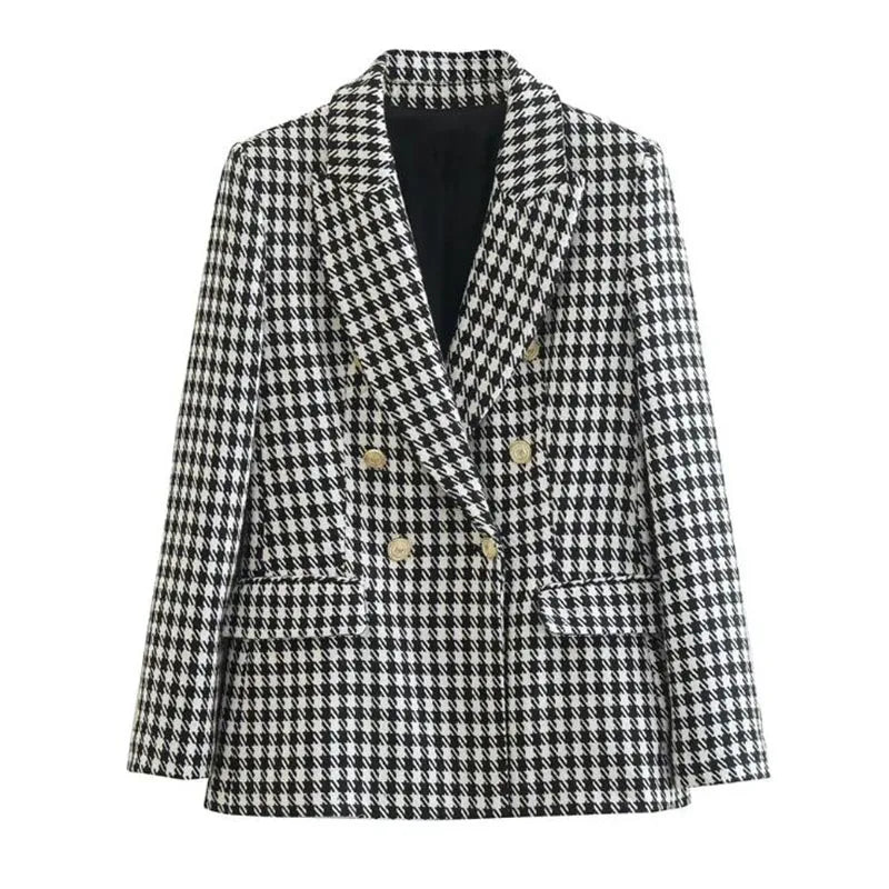 RNSHANGER Women's Breathable Double Breasted Notched Collar Houndstooth Blazer Coat Vintage Long Sleeve Flap Pockets