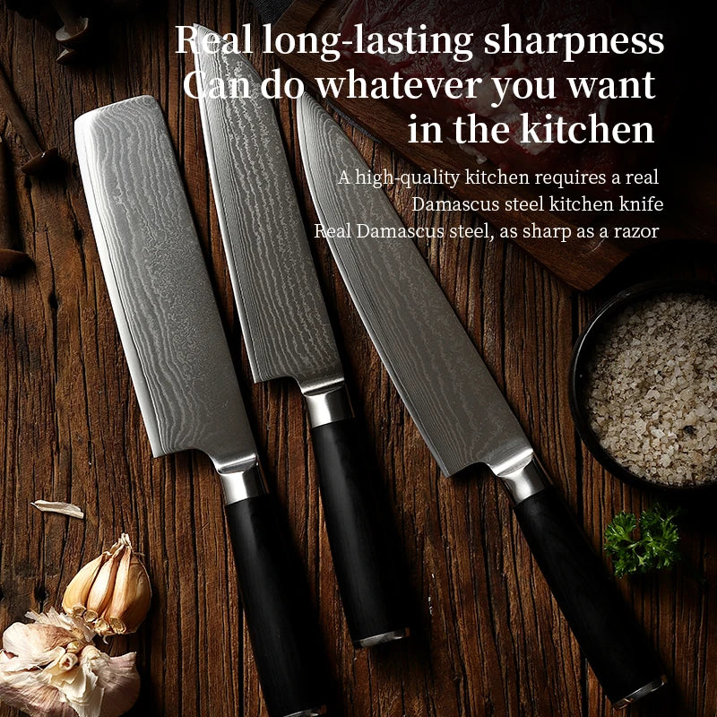 3-Piece Damascus Steel Kitchen Knife Set 10Cr15Mov Stainless Steel 67 Layers Multipurpose Chef Knife with Gift Box