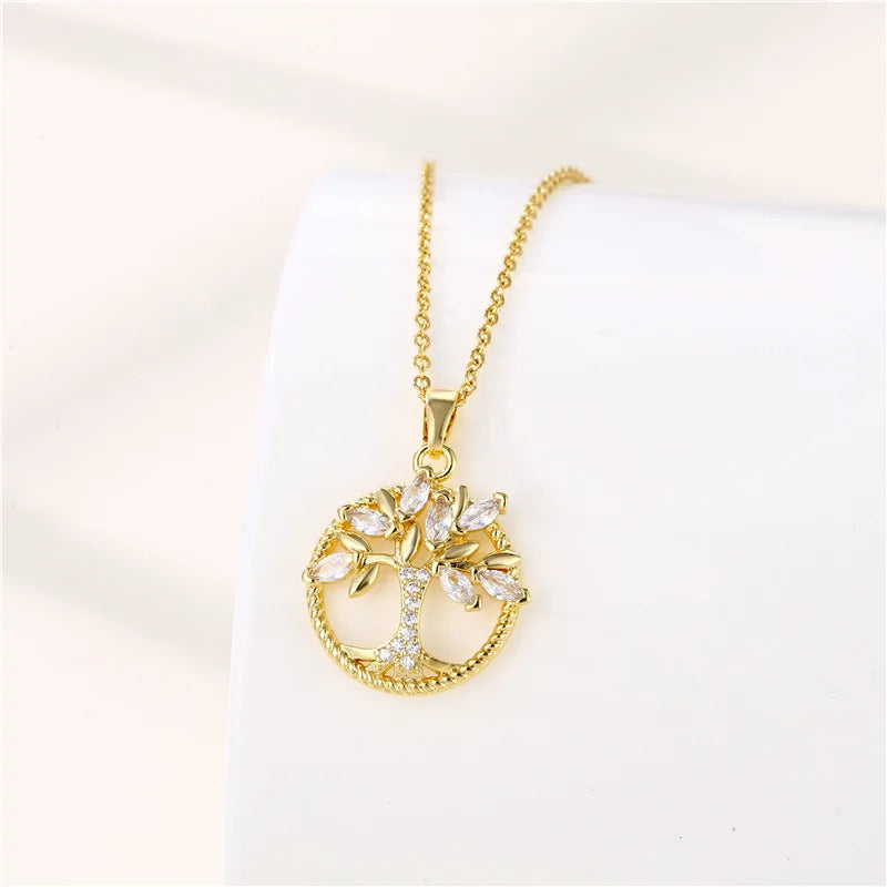 Elegant Trendy Women's Stainless Steel Tree of Life Crystal Necklace Gold Plated Rhinestones Pendant