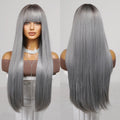 Black Fundamental Gray Silver Wig Straight Hair with Bangs Women Heat Resistant Fiber Soft Matte Durable Real Photo High Density