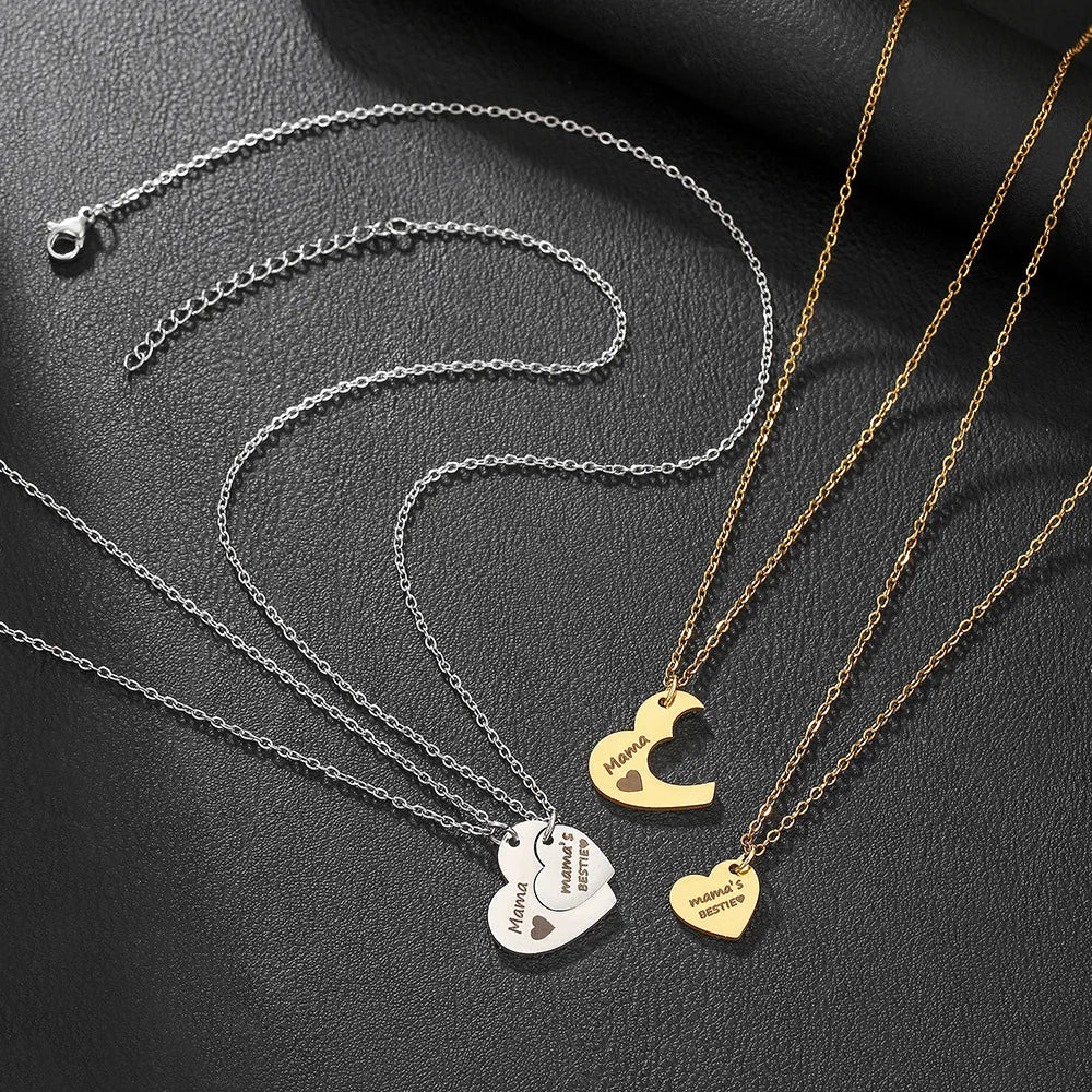 2PCS/Set Mother Daughter Stainless Steel Sun Moon Double Love Heart Pendant Necklace for Mothers Day Gift