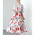 American Casual Autumn Floor-Length Beading Print Pleated Washable Loose Fit Women's Dress
