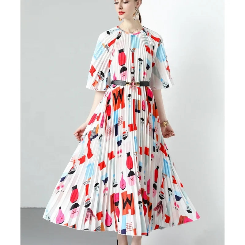 American Casual Autumn Floor-Length Beading Print Pleated Washable Loose Fit Women's Dress
