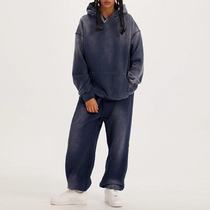 Custom High Quality Sun Faded Acid Wash Hoodie and Sweatpants Set Vintage Tracksuit Sweatsuit Sweat Jogger Pant Suit for Men