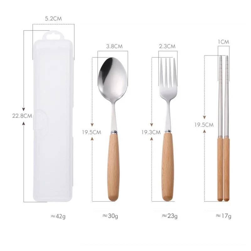 3 in 1 Portable Reusable Outdoor Wood Handle Flatware Picnic Camping Travel Metal Fork Cutlery Set in Case
