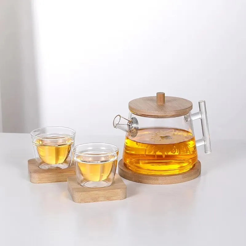 20oz Modern Eco-Friendly Borosilicate Glass Stovetop Safe Flower Teapot Set Bamboo Lid Loose Leaf Tea Filter Spout for Blooming
