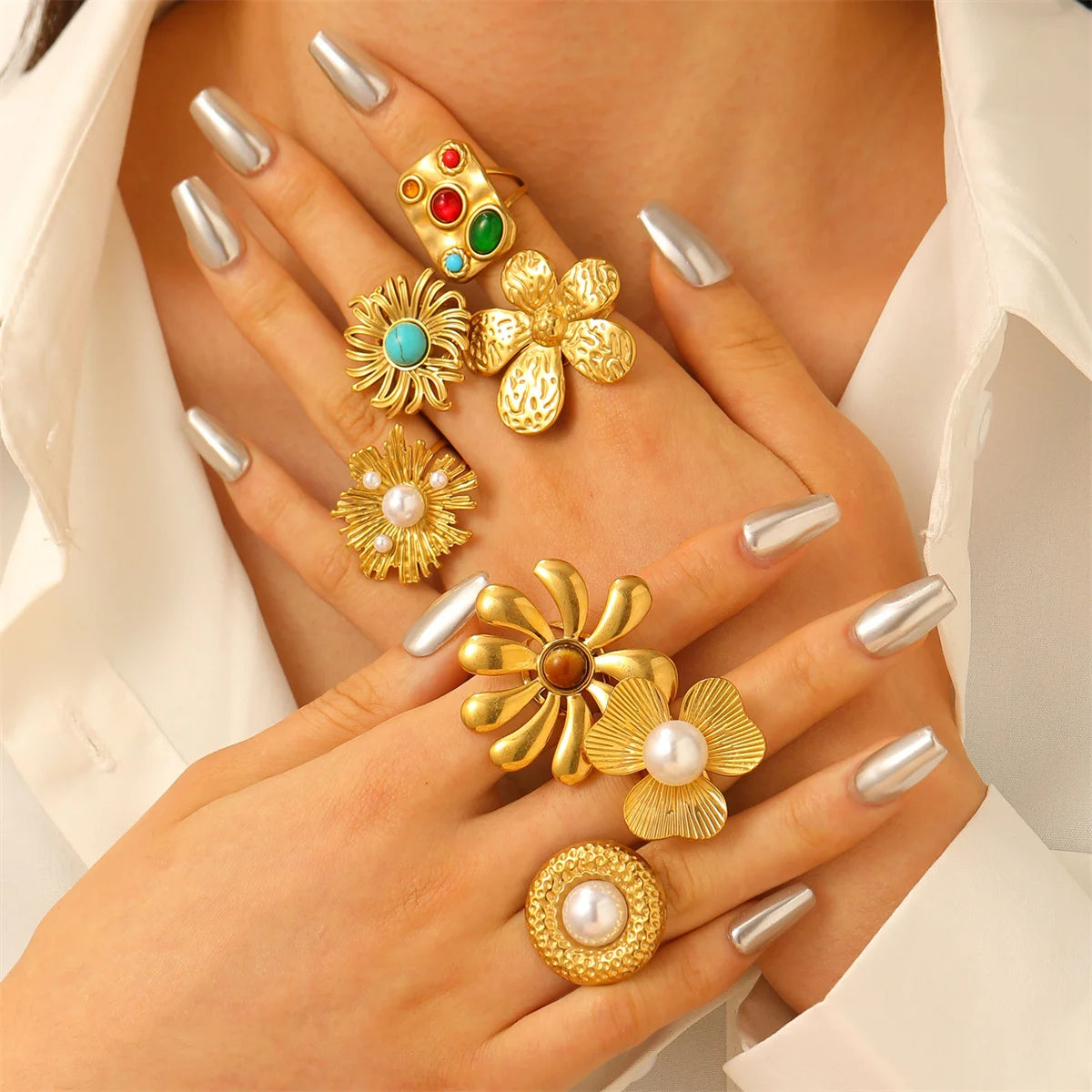 Waterproof Stainless Steel Big Flower With Pearl/Stone Rings for Women Trendy Lady Finger Rings Accessories 2025 Fashion Jewelry