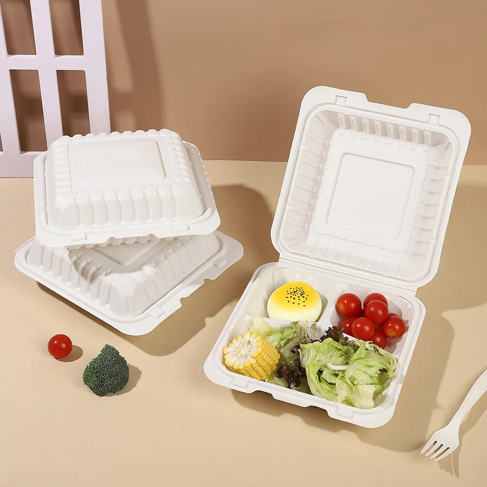 Wholesale Cornstarch Clamshell Box Three-Cell One-Time Cornstarch Lunch Box Compartment For Take-Out Box