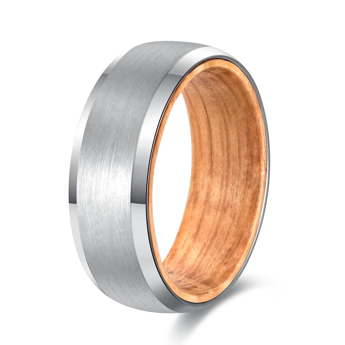 POYA Classic 8mm Tungsten Ring for Men Beveled Edges with Silver Wood Liner for Anniversary Engagement Gift MegaBDM