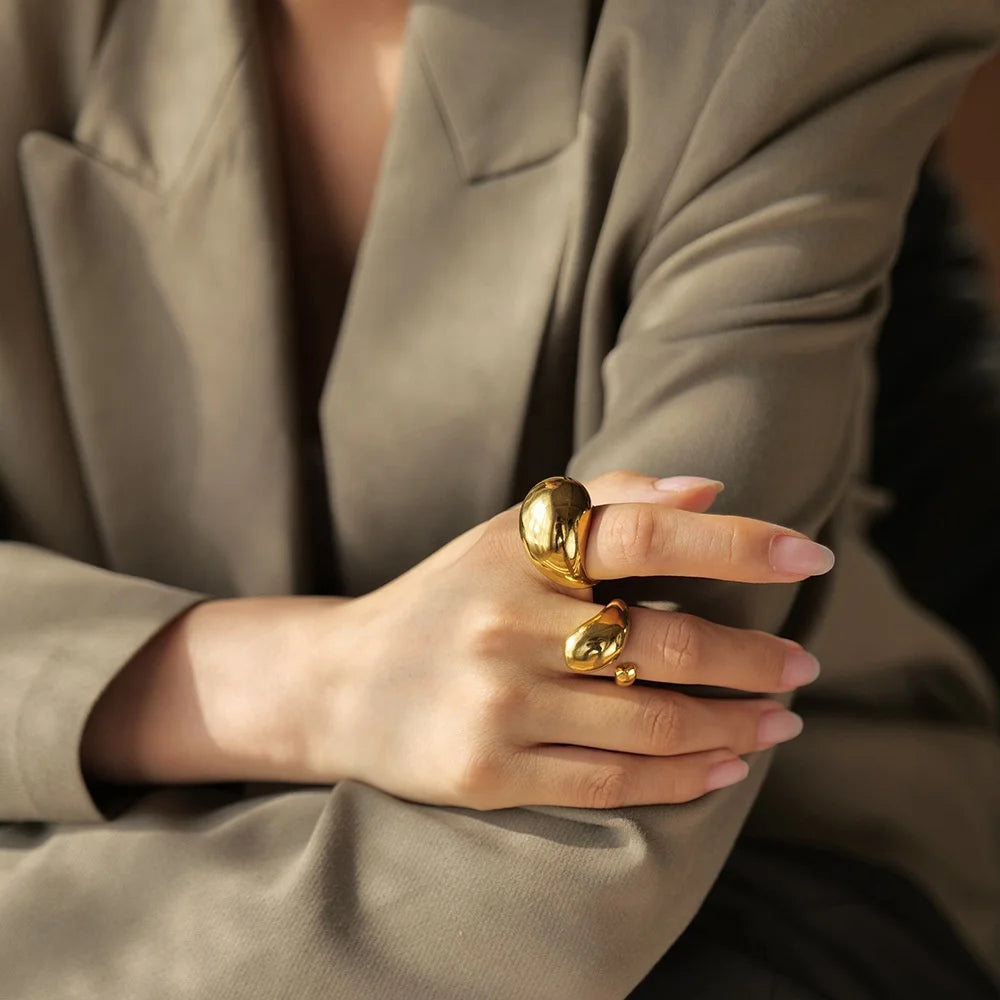 New Fashion Wholesale Custom Non Tarnish 18K Gold Plated Stainless Steel Rings Luxury Chunky Wide Irregular Rings for Women