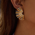 J&D Minimalist 18K Gold Stainless Steel Two Tone Openwork Fan Stud Earrings Elegance Jewelry  Fasion Daily Statement Jewelry