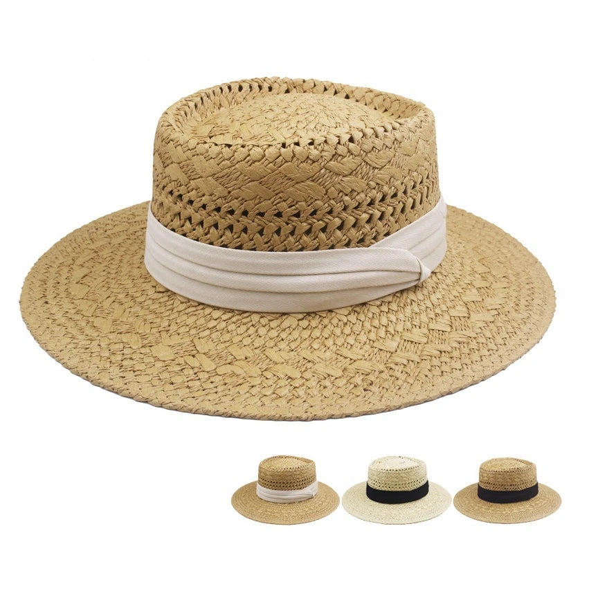 Wholesale Vintage Straw Panama Hat Outdoor Wide Brim Beach Sunscreen Fashion Hats Flat Top Hollow-out Paper Straw Hat With Strap