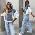 High Quality Factory Customize Streetwear Women Loose Casual Washed Denim Distressed Hoodie Terry Patchwork Sweatshirt