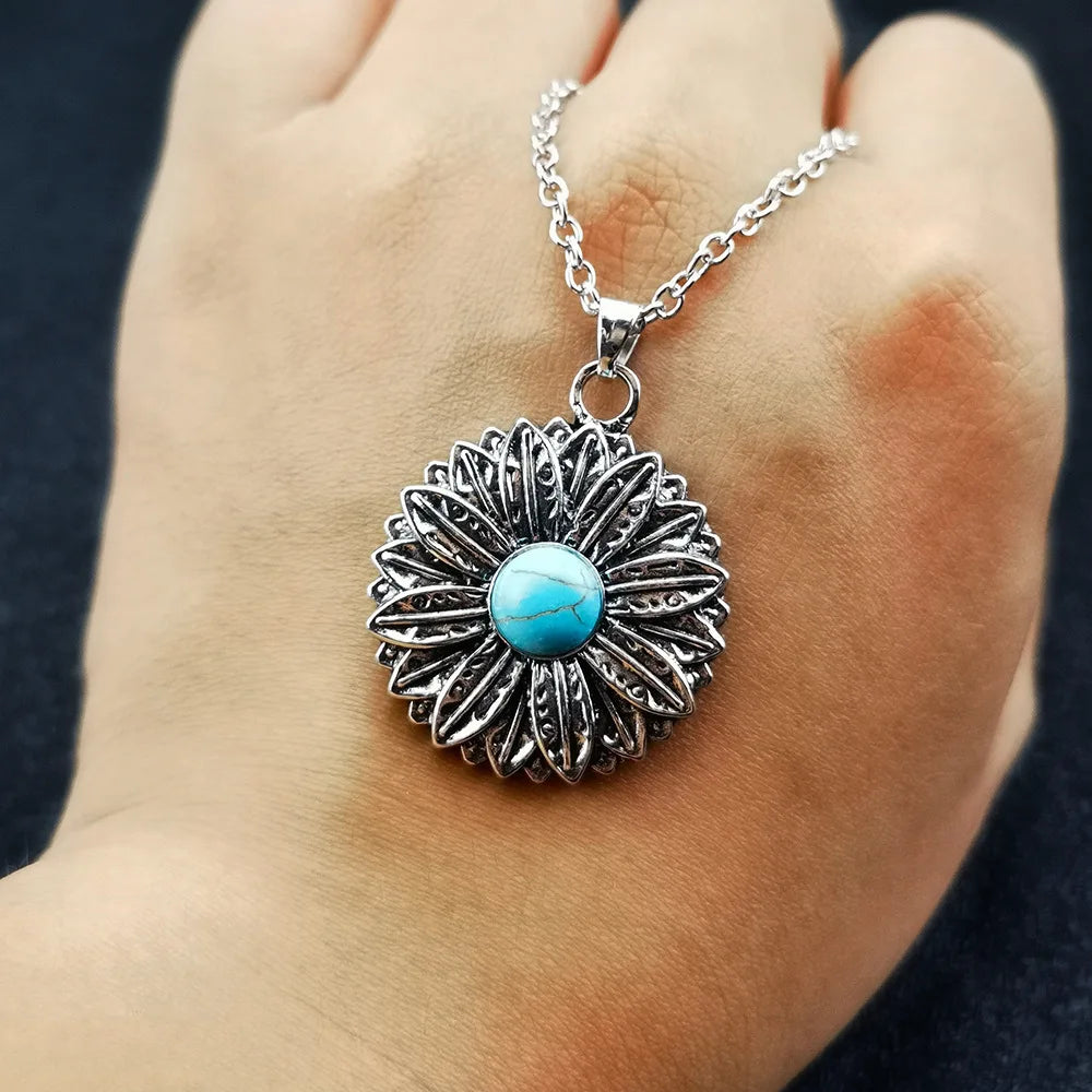 2023 New Design Blue Turquoise Sunflower Pendant Necklace Retro Boho Necklace for Women Collares Para Mujer
