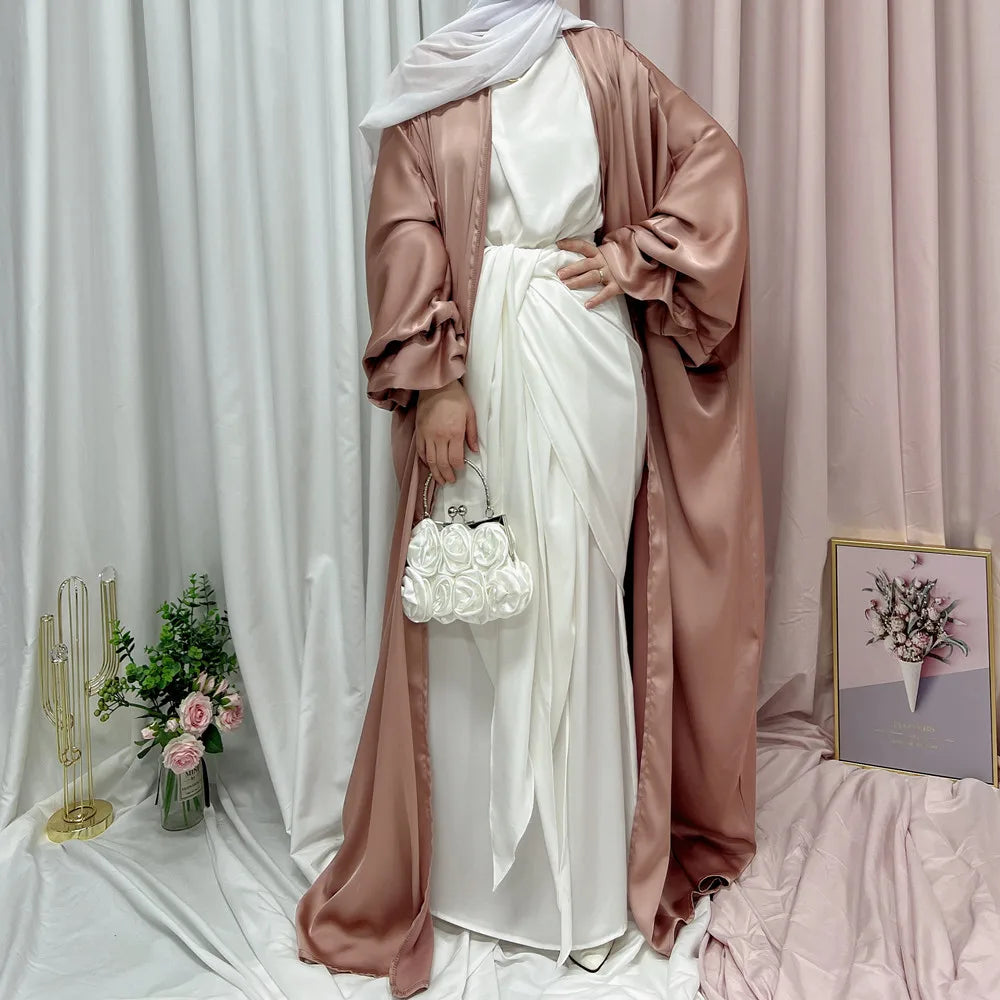 Flower Cuff Design Satin Muslim Long Dresses pink Open Front Abaya Eid Dresses Muslim Women Islamic Clothing