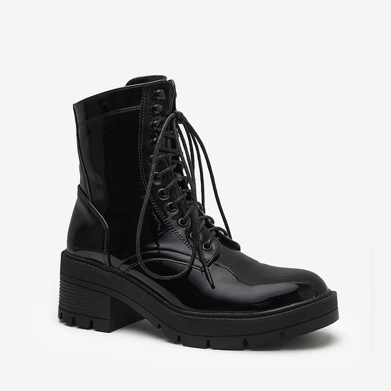Women's Luxury Flat for Martin Boots Black Patent Leather with Thick Sole Ankle Height for Autumn Season Factory Direct Sale