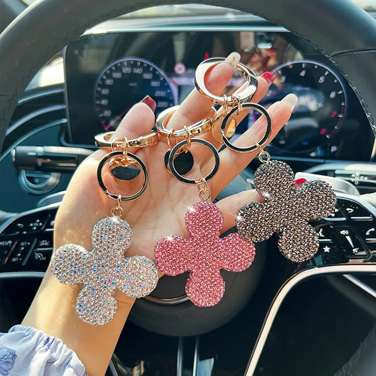Bling Full Diamond Four Leaf Clover Charm Keychain Lucky Glitter Crystal Rhinestone Flower Bag Hanging Pendant Key Chain Keyring