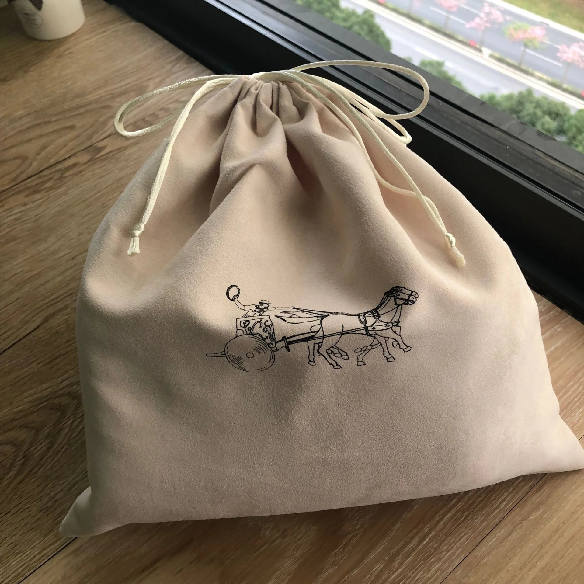 Custom Logo Printed Beige Suede Drawstring Pouch Suede Drawstring Packaging Bag