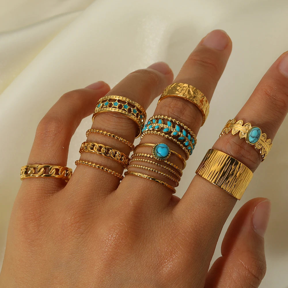Gold Plated Tarnish Free Stainless Steele Jewelry 18K Adjustable Diamond Natural Stones Open Finger Rings for Women