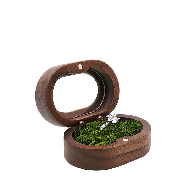 Personalized LOGO Blank Wooden Wedding Ceremony Jewelry Box Mini Oval Black Walnut Engagement Ring Box With Moss