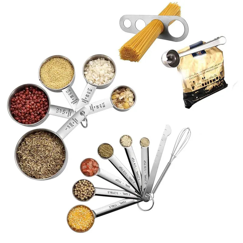 Measuring Spoons Stainless Steel Kitchen Tools Measuring Cups Set Spaghetti Measurer Seasoning Spoon with Leveler Scoop/Clip