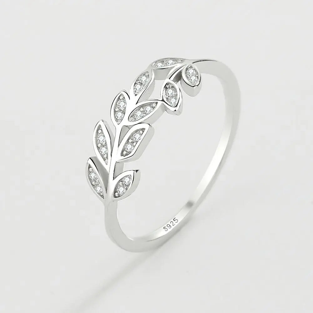Pure 925 Sterling Silver Europe Fashion Hot CZ Zircon Olive Leaf Shaped Finger Rings for Women Jewelry