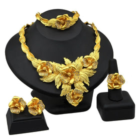 Africa Bridal Jewelry Creative Geometric Necklace Bracelet Earrings Ring Premium Gold Flower Jewelry Set Gifts for Women