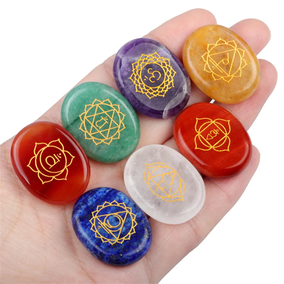 7pcs All-Natural 7 Chakra Quartz Stone Set Oval-Shaped Engraved Symbols Semi-Precious Stone Crafts for Meditation Healing