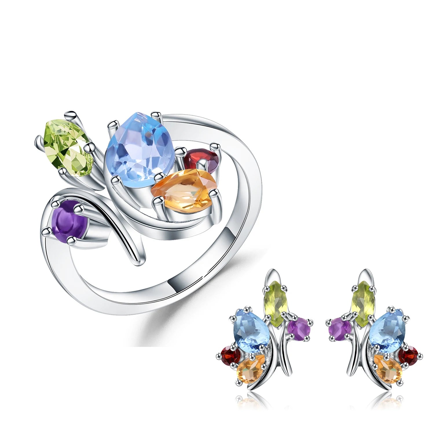Custom Jewelry Mix Gemstone 925 Sterling Silver Jewelry Ser Natural Blue Topaz Amethyst Peridot Citrine Garnet Ring Earrings Set
