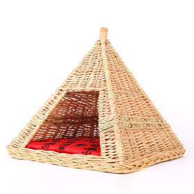 Nature Hand-Knitted Pet Bed Tent Canopy Teepee for Dogs Cats Bamboo & Osier Wicker Rattan Furniture With Animal Pattern Cushion