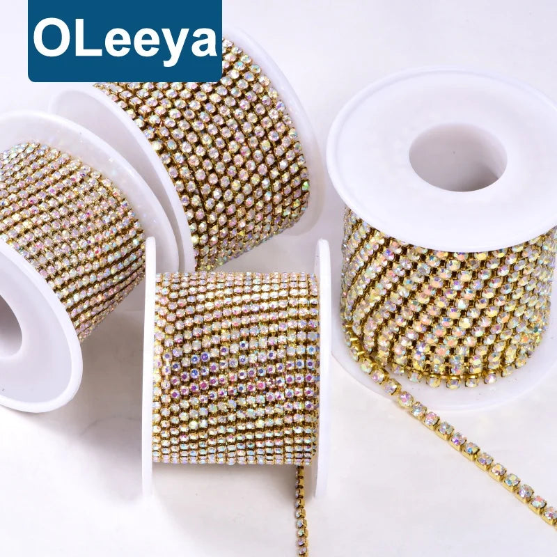 Oleeya 10Yards SS6-SS18 Close Glitter Rhinestones Chain Crystals Sew on Rhinestone Cup Chain Strass Chain for Garment DIY