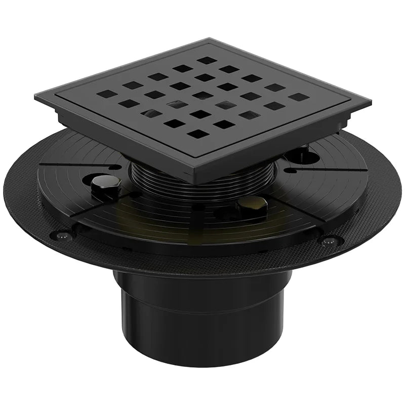 High Quality 4 Inch Square Shower Drain with Quadrato Pattern Grate Cover 304 Stainless Steel Matte Black Bathroom Floor Drain
