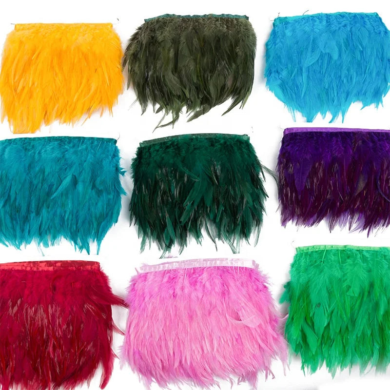 Wholesale HLY Brand 9-15cm Chicken Feather Trims Dyed Pattern with Fabric Satin Ribbon Decorative Feather Trim MOQ 10m