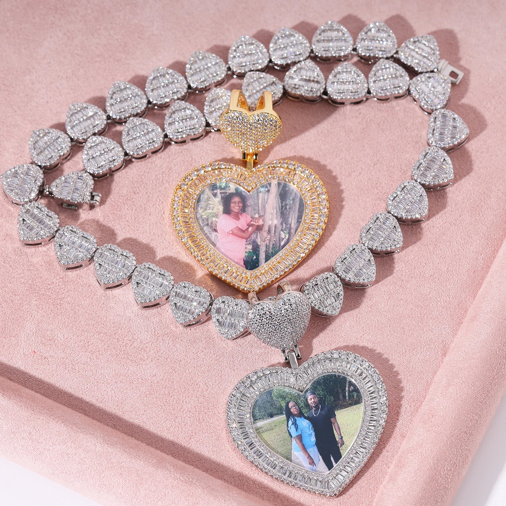 Bling Bling Women's Custom Photo Pendant Necklace Personalized Baguette CZ Heart Brass Hook Jewelry for Gift Party