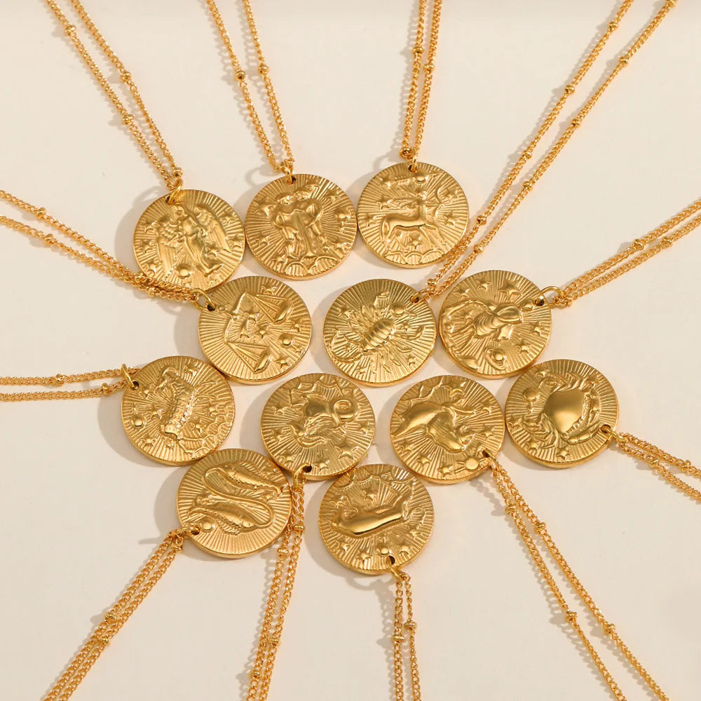 Fashion Trendy Jewelry Gold Plated Round Embossed Pendant Horoscope Stainless Steel Zodiac Sign Necklace