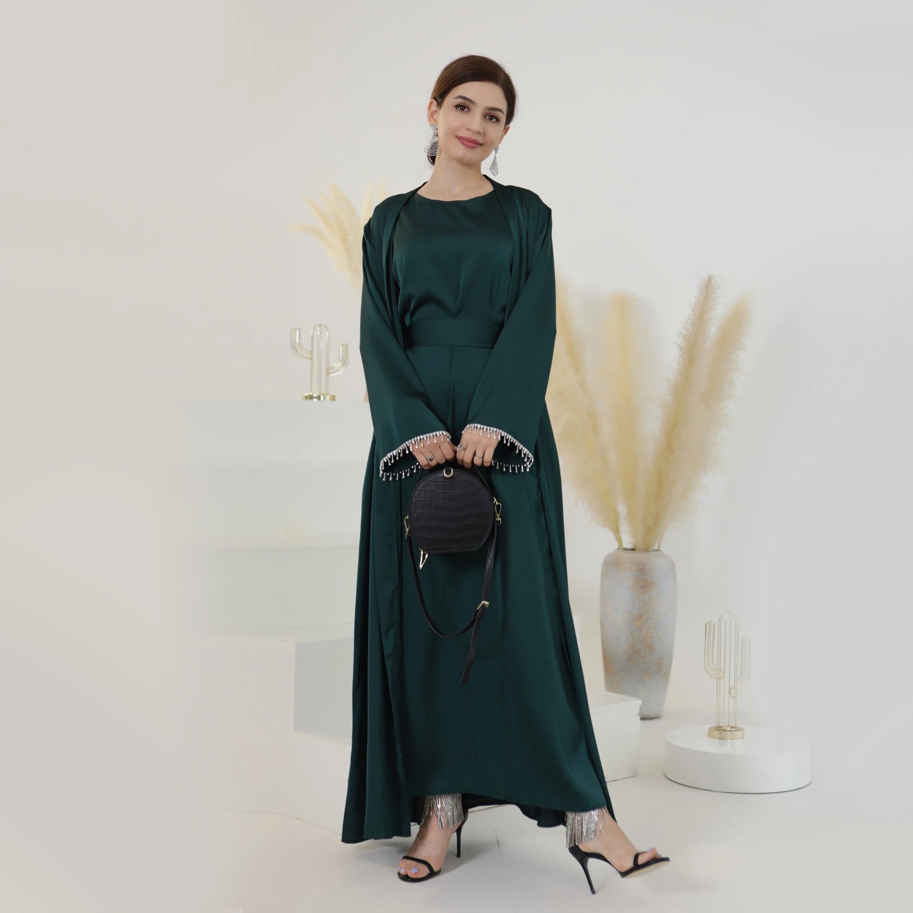 Mexizo Hot Selling Plus Size Ramadan Eid Abaya for Women Dubai Inspired Islamic Clothing with Satin Crystals Open Front Design