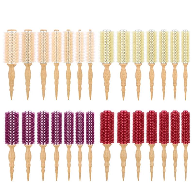Customized Logo Antistatic Curly Hair Styling Brush Wooden Handle Nylon Boar Bristle Round Hair Brush Set Hair Combs