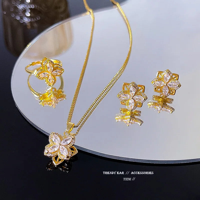 Luxury Rotating Windmill Ring Earring Necklace Set for Women Korean Fashion Jewelry Luxury Wedding Party Girl Necklace Set