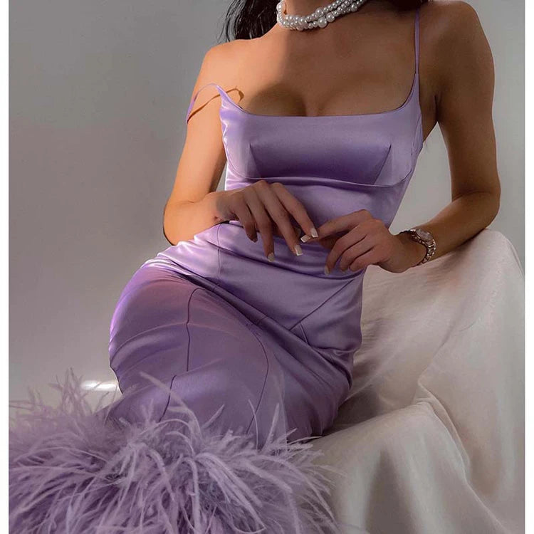 Temperament Dress Splice Feather Strap Long Dress Early Autumn Solid Color Satin Strap Dresses