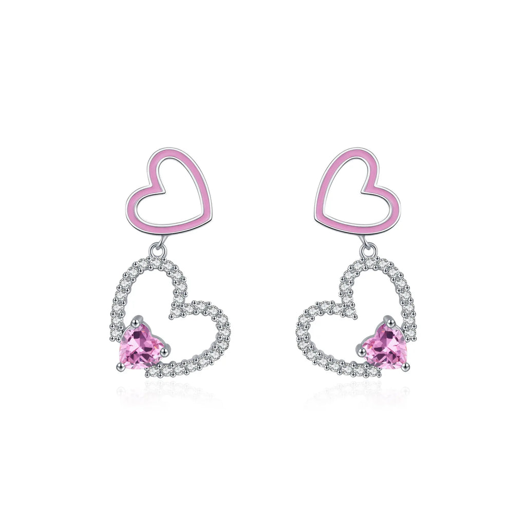 Fashion Hot Sale Fine Jewelry Love Earrings 925 Sterling Silver Pink Enamel Heart Dangle Earrings for Jewelry Gifts