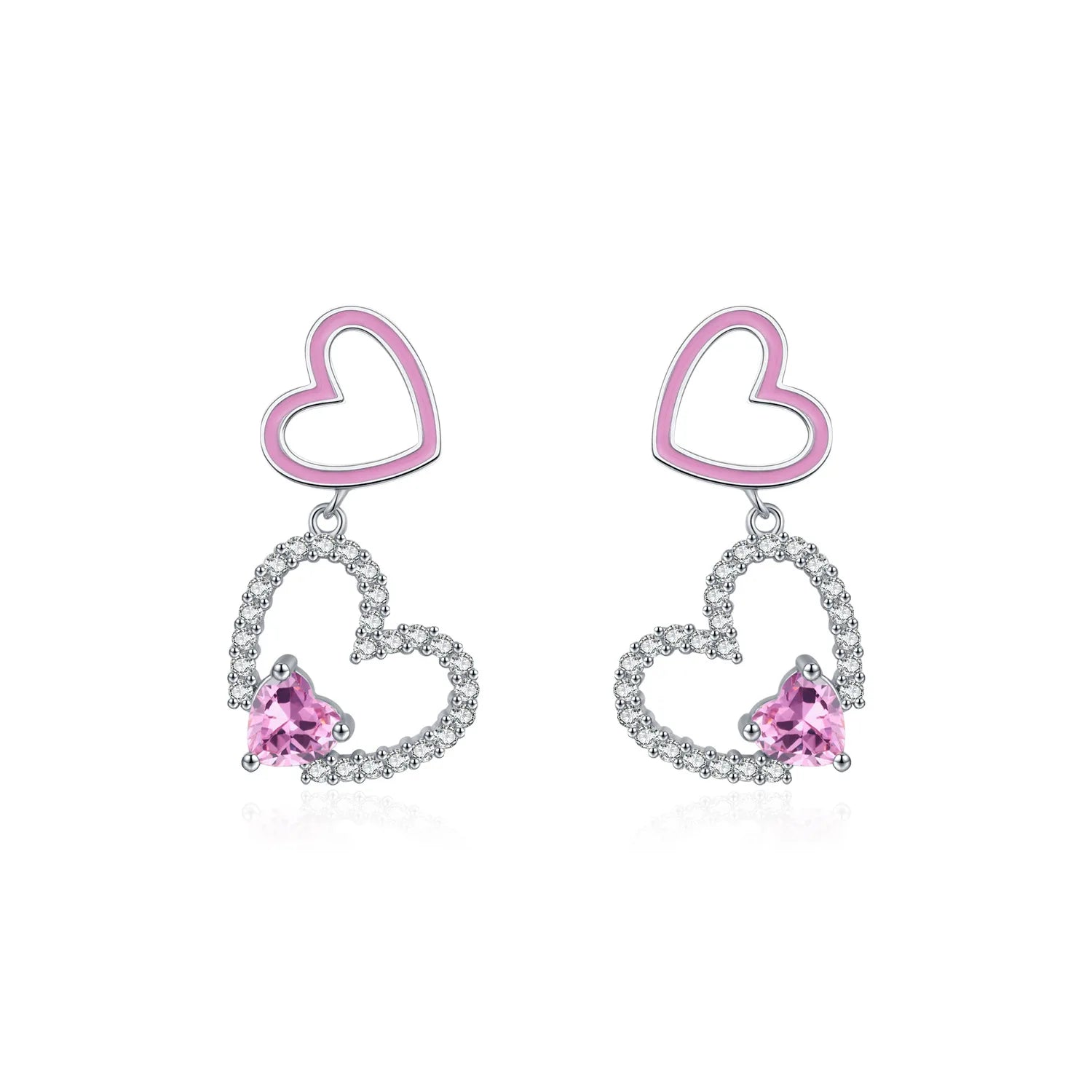 Fashion Hot Sale Fine Jewelry Love Earrings 925 Sterling Silver Pink Enamel Heart Dangle Earrings for Jewelry Gifts