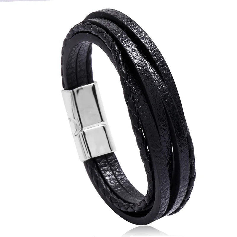Wholesale Handmade Men's Fashion Cuff Bracelet Simple Braided Leather with Magnetic Clasp for Men