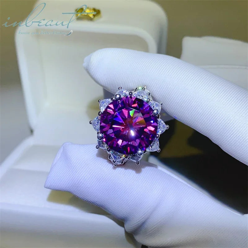 Silver 925 Original Brilliant Cut 3 Carat Diamond Test Past Purple Moissanite Blossom Ring for Teen Girls Real Gemstone Jewelry