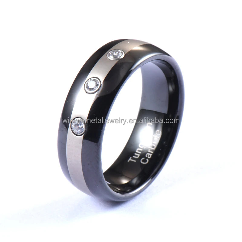8mm Silver CZ Diamond Inlay Tungsten Carbide Wedding Band High Polished Men's Engagement Ring Domed Unisex Party Anniversary