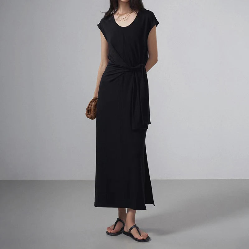 Boutique Wholesale Summer New Design Elegant French U-neck Waist Wrap Slimming Back Split Knot Women Clothing Dress