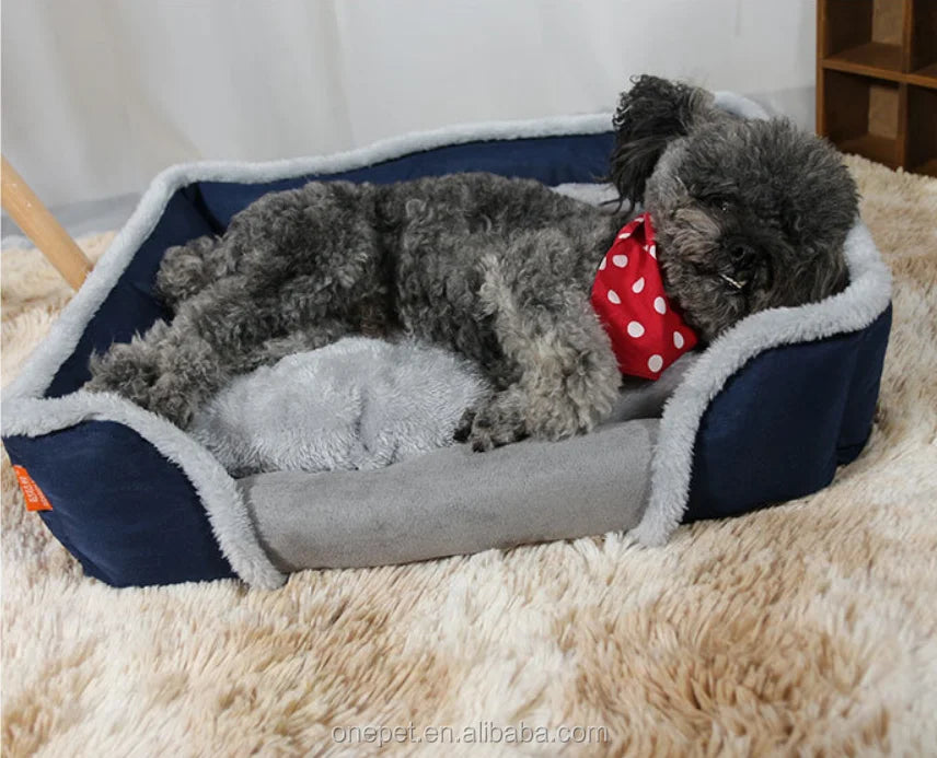 Private Label XL Rectangle Pet Bed Sofa Memory Foam Orthopedic Dog Cat Bed Removable Feature Faux Fur Fiber Material Printed