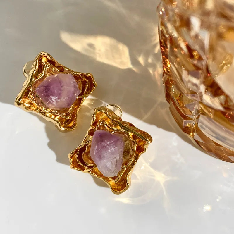 Aimgal Fine Jewelry Trendy Women's Brass Plated 18k Gold Stud Earrings Natural Amethyst Shaped Raw Stone S925 Silver Pin Party