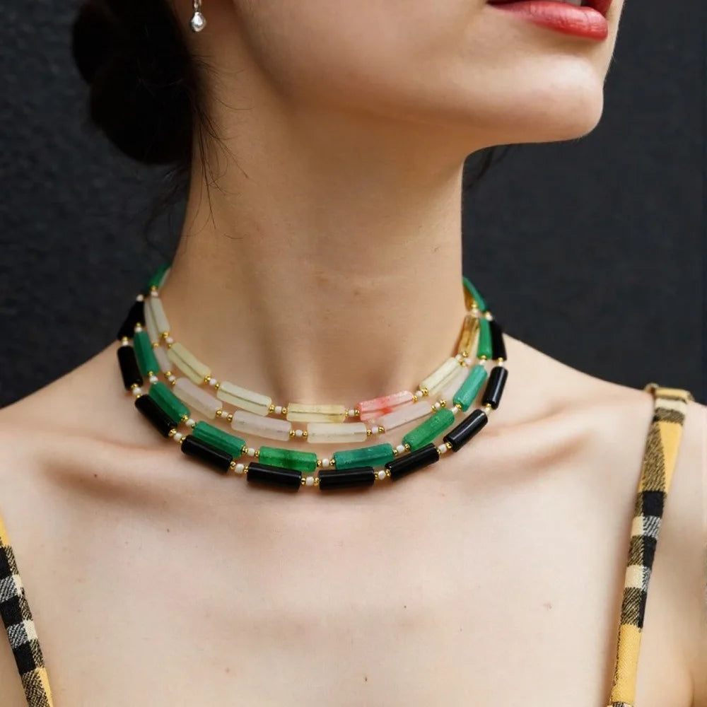 Unique Handmade Natural Stone Jewelry Necklace Long Gemstone Beads Pink Quartz Black Onyx Jade Necklace